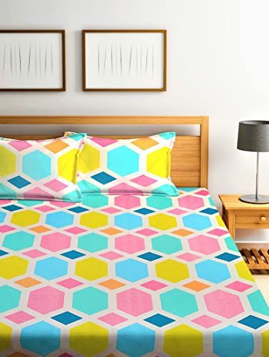 Image of Jashan Elastic King Size Fitted bedsheets with 2 Pillow Cover | King Size bedsheets | 100% Glace Cotton | Fitted bedsheet Cotton King 72 inch x 78 inch inches (Double Elastic Bedsheet, Multi-23)