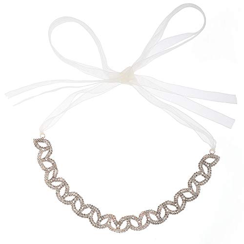 Rose Gold Rhinestone Crystal Wedding Bridal Headband Hair Vine with Ivory Organza Belt