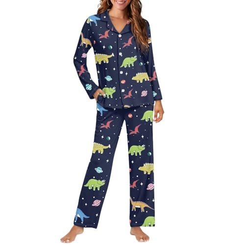 Sellikakes Fashion Cartoon Dinosaur Galaxy Pajamas Casual 2 Piece Long Sleeve Button Down Sleepwear for Women Soft Lounge Sets Pjs