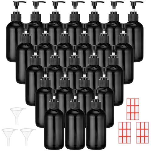 Tanlade 24 Stück 237 ml Glaspumpflasche leere Flasche Glas Seifenspender mit Pumpe nachfüllbare Behälter und Etiketten Trichter für ätherische Öle, Reinigungsprodukte, Lotionen, Conditioner (schwarz)