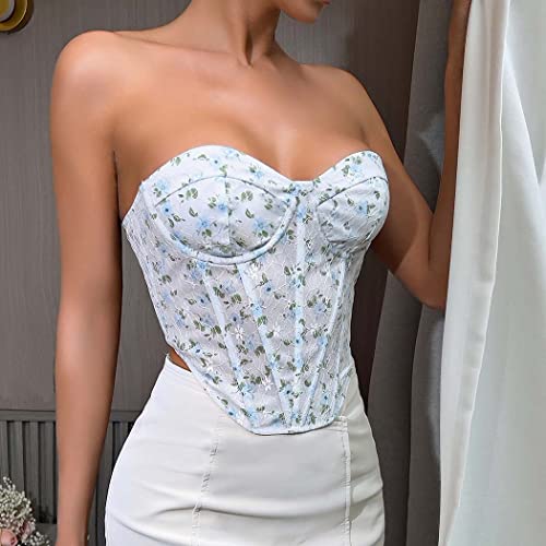 Aularso Going Out Corset Top For Women Blue Floral Bustier Strapless Sleeveless Bodyshaper Corset Tops Summer Crop Top (As1, Alpha, S, Regular, Regular, Blue) #TOP2
