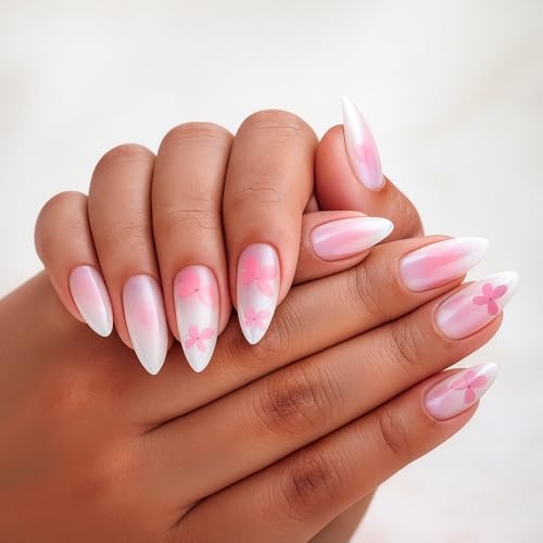 Image of 24 Pcs Reusable Artificial Nails Fake Nails with Glue and Kit|Sugar Kiss Shimmer Satin Sheen Press On Nails | ABS Material UV Protected Long Lasting Finish | Reusable Customizable Nail Kit |Medium Almond Nails