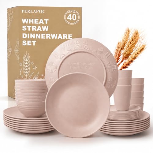 Image of Wheat Straw Dinnerware Sets for 8, 40 Piece Unbreakable Dinnerware Set, Plates and Bowls Sets, Kitchen Plates and Bowls Set, Lightweight Dish Set for Travel Camping Party Outdoor Use - Muted Pink