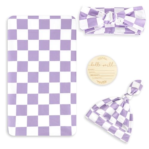 Image of TANOFAR 4-Pack Newborn Swaddle Blanket for Baby Girls & Boys, Ultra Soft Receiving Blankets with Matching Headband and Beanie Set Baby Nursery Swaddle Wrap (Purple Checkerboard)