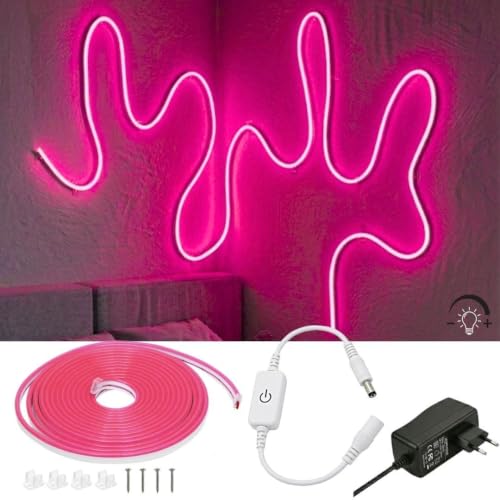 Neon Led Şerit Işık 5 Metre Dimmer Buton Dekoratif Ambiyans Işık, Pembe