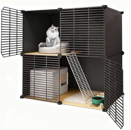 Modular Metal Cat Playpen with Litter Box & Doors, Spacious Indoor Pet Enclosure for Cats, Rabbits & Small Animals (111x49x111cm) - Durable & Stylish Design