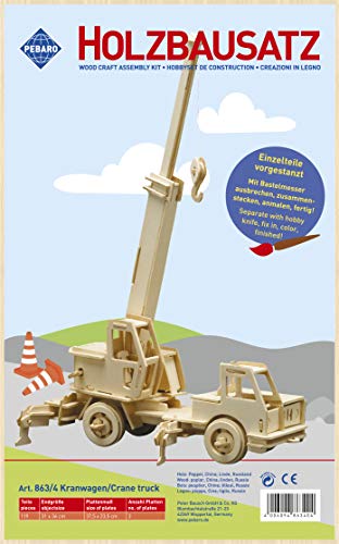 Pebaro 863/4 Holzbausatz Kranwagen, 3D Puzzle Baufahrzeug, Modellbausatz, Basteln mit Holz, Holzpuzzle, Bastelset, vorgestanzte Holzplatte, ausbrechen, zusammenstecken, fertig, Geschenkidee