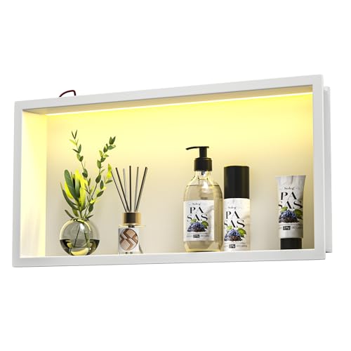 Bernkot Wandnische Dusche Edelstahl mit RGB LED, Wandnische Bad Nische Duschnische Befliesbar mit Fernsteuerung 60cm×30cm, Weiß