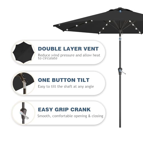 Image of 9FT Patio Umbrella with Solar Lights,Outdoor Market Umbrella with Tilt and Crank, LED Lighted Table Umbrella for Garden,Deck,Backyard,Pool,Beach (Black)