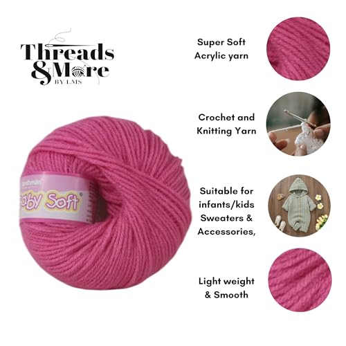 Image of Vardhman Baby Soft Yarn Pack of 6 - 4-Ply Acrylic Wool 150g Total | Soft Yarn for Knitting & Crocheting Baby Blankets, Sweaters, Toys & Accessories | 86m per 25g Ball (1, Rose Pink)