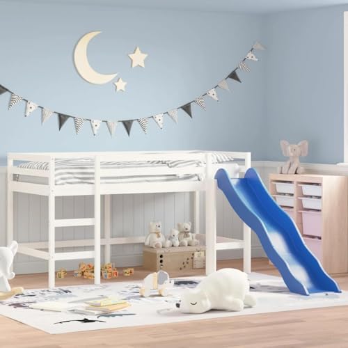 KLYEON Cama Alta de niños con tobogán Madera Maciza Blanca 90x200 cm Camas y somieres