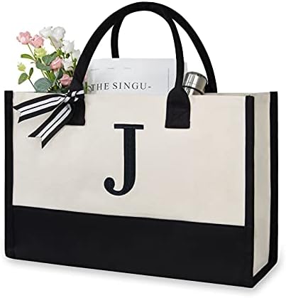 TOPDesign Embroidery Initial Canvas Tote Bag, Personalized Present Bag, Suitable for Wedding, Birthday, Beach, Holiday, is a Great Gift for Women, Mom, Teachers, Friends, Bridesmaids (Letter J)