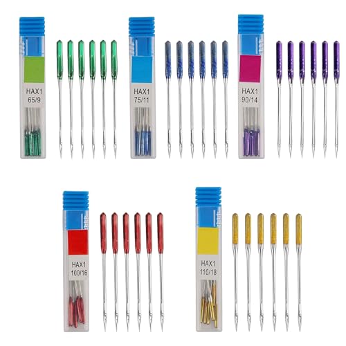 30 Pcs Universal Sewing Machine Needles Regular Point 5 Color-Coded Sizes (65/9 75/11 90/14 100/16 110/18) Ideal for All Fabrics & Home Sewing Projects