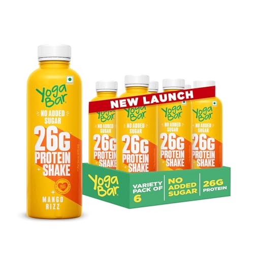 Image of Yogabar 26g Protein Shake- Mango Rizz | 26g Protein Milkshake with No Added Sugar | Ideal for Early Mornings, Pre & Post Workouts Energy Drink | 1500ml (6 Bottles, 250ml each)