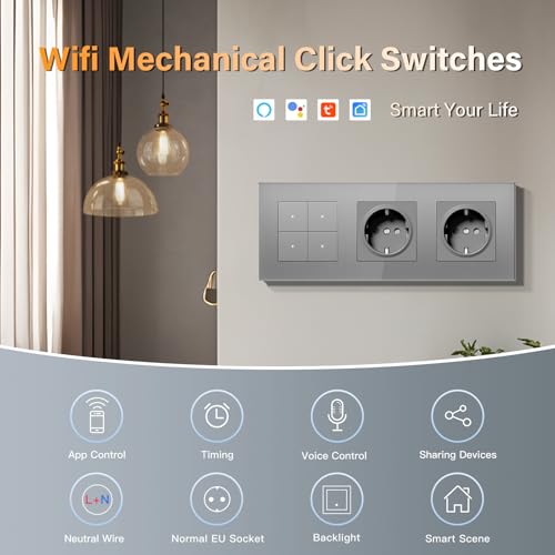 BSEED Doppelt Steckdose mit Lichtschalter Unterputz 4 Fach 1 Weg WIFI Smart Lichtschalter (Neutralleiter Erforderlich), Compatibel mit Alexa/Google Home，228mm，Grau