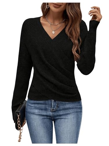Image of SOLY HUX Women's V Neck Long Sleeve Off Shoulder Sweaters Criss Cross Wrap Ruched Pullover Fall Tops