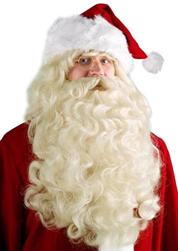 Santa Beard and Wig Set - Santa Claus Wig, 22'' Long Blonde Santa Beard, Eyebrow, Glasses, Wig Cap and Santa Hat for Christmas Costumes Party CC020