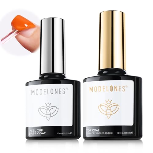Modelones Gel Top Coat and Peel Off Base Coat Set, 2 Pcs No Wipe Clear Top Gel Nail Polish and Peelable Practice Base Easy Removal, Nail Art Manicure DIY Gift for Weak Thin Nails Beginner Women 10ml
