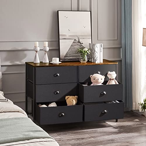 Praisun Larger 46.7''W 6 Drawer Dresser For Bedroom, Wide Fabric Dresser, Chest Dresser Organizer, Metal Handles, For Closet, Nursery, Living Room, Hallway - Black #TOP1
