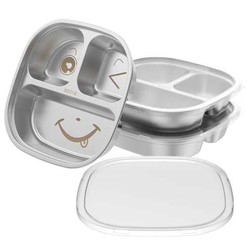 3 Pcs Stainless Steel Kid Plate, with Transparent Lid and 3 Compartments Stackable Toddler Dish, Reusable Baby Plates Divided Toddler Plates, Non-Toxic Non-Slip, Unbreakable Dishwasher Safe Dinnerware