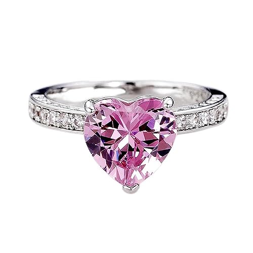 TZ Way 925 Sterling Silver Shiny Full Diamond Ring 18K Gold Cocktail Rings Heart Cut Pink Cubic Zirconia Promise Rings CZ Heart Diamond Eternity Engagement Wedding Ring for Women TZ.117 (US Code 9)