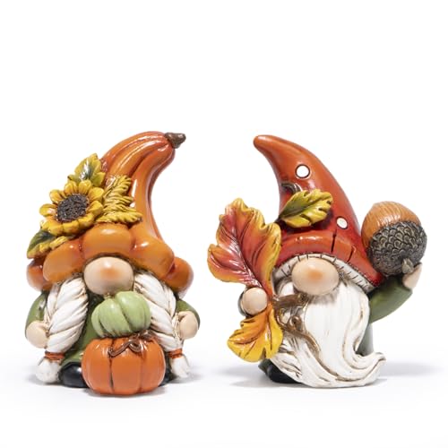 Hodao Fall Gnomes Decorations for Home, Resin Thanksgiving Figurines Decor with Pumpkin, Sunflower & Acorn, Autumn Thanksgiving Harvest Gift for Indoor Table Shelf Decor - 2 Pcs