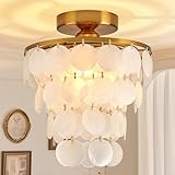 ZEDSUN Capiz Shell Ceiling Light Fixture Modern Gold Semi Flush Mount Ceiling Lights 11.8Inch Small Chandelier for Entryway Bedroom