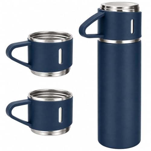 Image of Xanthos-500 ml Stainless Steel Vacuum Insulated Flask with Cup & Handle, Double Wall Hot & Cold Water Bottle, Thermos for Tea Coffee, Travel Bottle for Office, Home & Outdoor (Dark Blue)