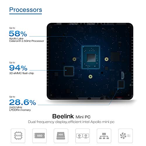 Beelink BT3-X Mini PC, Mini Computer Desktop, Intel Apollo Lake Celeron J3355, LPDDR4 4G + eMMC 64G, WiFi 2,4G / 5,8G, BT 4.0, 4K, LAN 1000 Mbps, HDMI, Windows 10