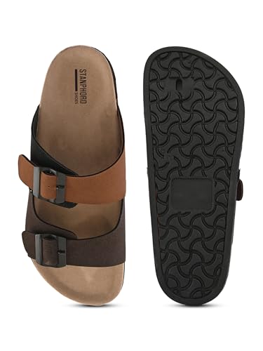 Image of Stanphord Men's Brown & Tan Adjustable Buckle Comfort Sandals | Lightweight Slip-On Open Toe Casual Sandal with Cushioned Footbed & Anti-Slip Sole for, Walking & Summer - TPAI 14827 BROWN-7