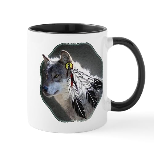 Taza de cerámica 11 oz con diseño lobo y plumas miniatura 1