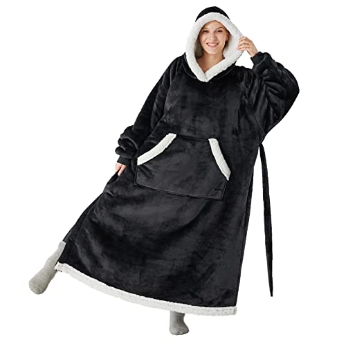 Bedsure Oversized Blanket Hoodie - Long-length Wearable Hooded Blanket Sweatshirt with Side Split, Belt and Big Hood, Giant Warm Sherpa Sweater Blanket Jacket, Black