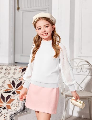 Image of Arshiner Girls Puff Long Sleeve Sweaters Crewneck Lace Polka Dot Casual Knit Tops Pullover Jumper Outwear for Kids