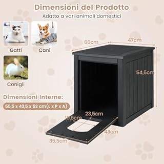 COSTWAY Cuccia per Gatti da Interna ed Esterna, Cassetta per Gatti Nascosto per Lettiere con Porta Frontale Ribaltabile e Pavimento Rialzato, Mobile Decorativo Impermeabile per Animali (Nero)