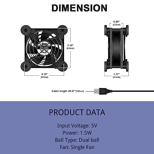Image of iPower Quiet Cooling Fan 80mm USB Case Fan with Speed Controller for Receiver DVR /PlayStation /Xbox /Computer Cabinet Cooling, 2 Pack, Black