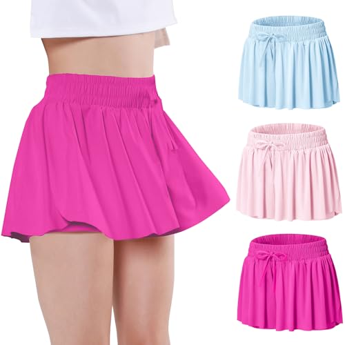 EXARUS 3 Pack Girls Butterfly Shorts Flowy Athletic Dance Cheer Running 2 in 1 Preppy Tennis Flutter Gym Kids Activewear Blue Pink Purple 8Y