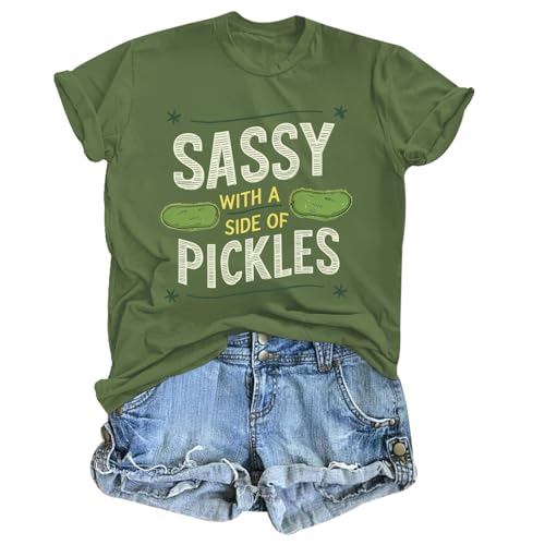 Deyaidy Pickle Shirt Funny Shirts for Women Graphic with A Side of Pickles Tee Cucumbers Short Sleeve Cotton Tops(Army Green L)