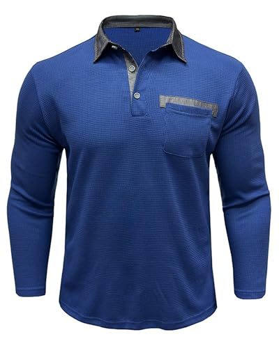 Men's Waffle Polo Shirts Long Sleeve Pocket T-Shirt Lightweight Casual Patchwork Pullover Tops2