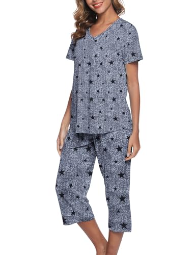 ENJOYNIGHT 2 Pack Womens Pajama Sets Cotton Short Sleeve Top with Capri Pants Summer Pjs Sleepwear4