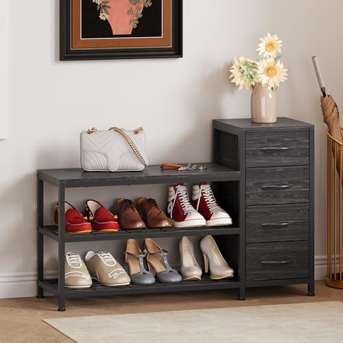 Image of EXOTICA Industrial Shoe Storage Bench with 4 Drawers & Seat, Black