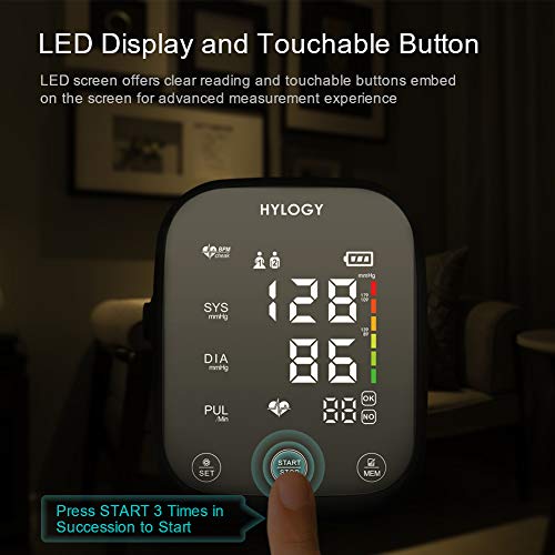HYLOGY Upper Arm Blood Pressure Mointor, Digital Automatic Blood Pressure Mointor, Large Touchable LED Screen and Voice Broadcast, 2 * 90 Memory and Large Cuff(22-42cm)