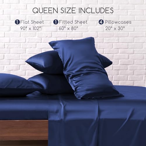 Image of MR&HM Satin Bed Sheets, Queen Size Sheets Set, 6 Pcs Silky Bedding Set with 15 Inches Deep Pocket for Mattress (Queen, Navy Blue)