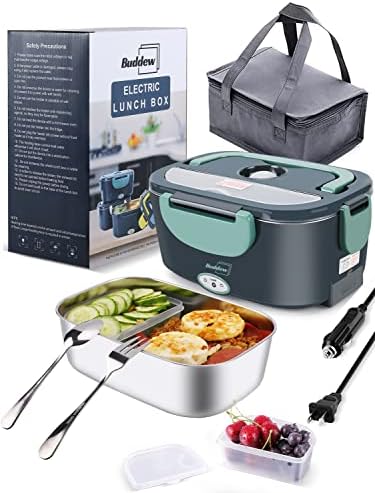 Buddew Electric Lunch Box 80W Food Heater 3 in 1 12/24/110-230V Portable Lunch Warmer Upgraded Leakproof Heated Lunch Box for Car/Truck/Office with SS fork & Spoon and Insulated Carry Bag(Green)
