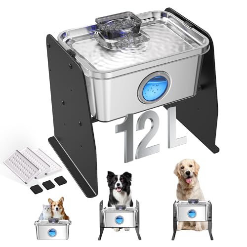 12L/3.2Gal Dog Water Fountain Elevated, Stainless Steel Pet Water Fountin with Adjustable Metal Stand, Raised Automatic Dog Water Bowl Dispenser for Large Dogs, Quiet Dog Fountain with Water Window by Ficuswin - Used condition - US$75.83