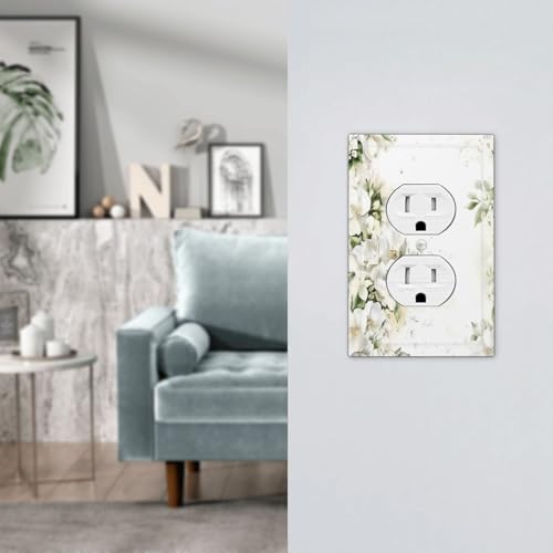 Decorative Outlet Covers Rustic Ink Green Leaves White Florals Flower 1 Gang Duplex Light Switch Cover Plate Unique Wall Plate Electrical Switch Plate Covers for Bedroom Home Decor