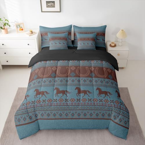 Image of Western Decor Horse Queen Comforter Set with Sheets | Boho Western 7 Piece Bedding Set Farmhouse Farm Animals Aztec Bed in a Bag,Southwestern Native Geometric Rustic Home Decor Horse Gifts for Girls