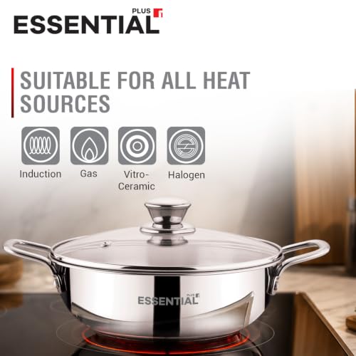 Image of BERGNER Essential Plus Stainless Steel Kadai with Glass Lid, 24cm (2.8 L), Even Heat Distribution, Consumes Less Oil, Healthy Cooking, Easy to Clean - Induction and Gas Stove Ready