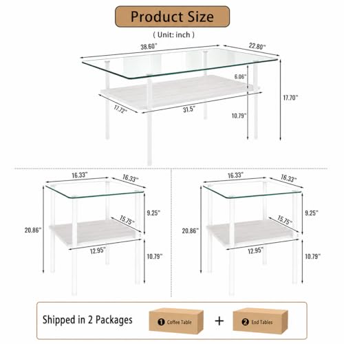 Image of 3 Piece Living Room Table Set, Include 1 Rectangle Coffee Table with 2 Square End Tables, White Glass Coffee Table Sets with Storage Shelve and Metal Legs,for Apartment Small Space