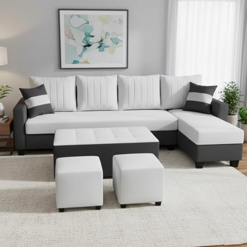 Image of FURNY Avenue 8 Seater Fabric RHS L Shape Sofa Set with 1 Centre Table & 2 Puffy (Light Grey-Dark Grey) Premium Velvet Finish