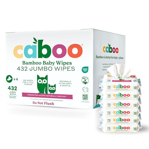 Image of Caboo Baby Wipes, Made with Bamboo Viscose, Certified Made Safe Ingredients, Unscented Baby Wipes Good for Sensitive Skin, 72 Wipes Per Travel Pack, Total of 432 Wet Wipes